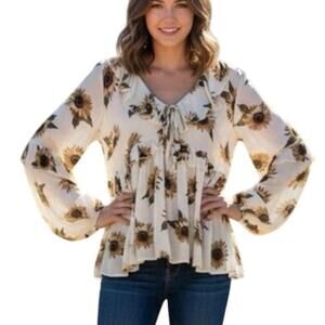 Altar'd State Long Sleeve Sunflower Babydoll Top Size Small Ruffle Tie Neckline